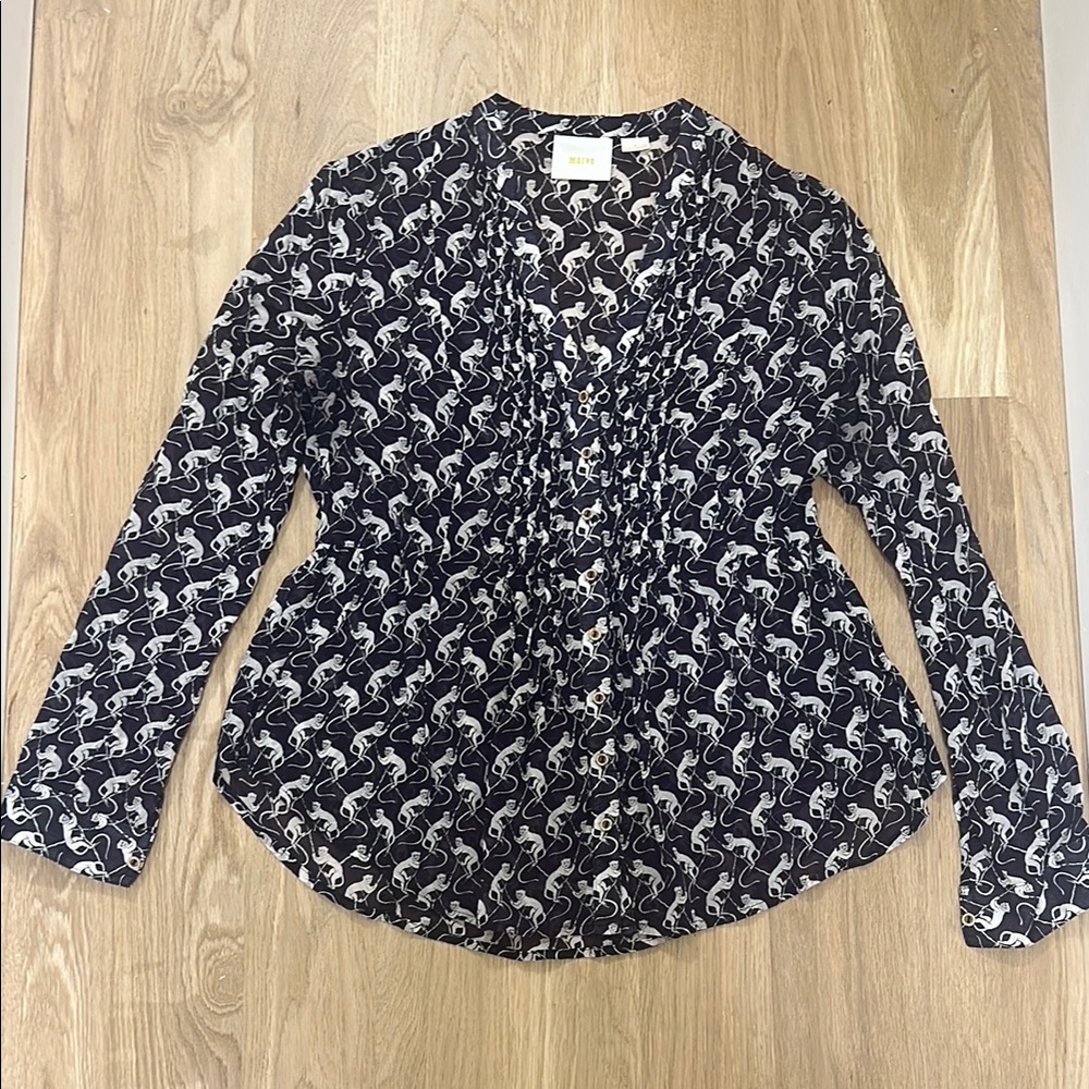 Anthropologie Dark Purple and White Pleated Long Sleeve Blouse
